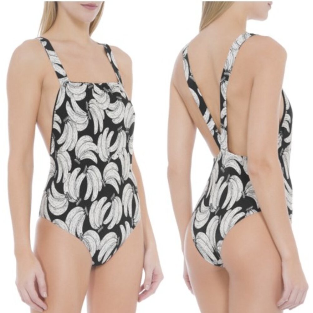 Farm Rio Speckled Spotted Banana Printed Bodysuit One-Piece Black White Medium